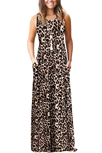 AUSELILY Damen Sommer Ärmelloses, lockeres Maxikleid Lässiges, langes Kleid mit Taschen(L,Leopard) von AUSELILY