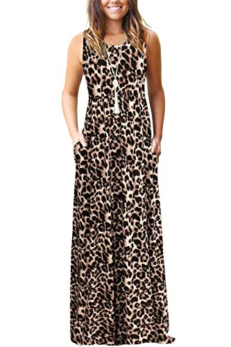 AUSELILY Damen Sommer Ärmelloses, lockeres Maxikleid Lässiges, langes Kleid mit Taschen(M,Leopard) von AUSELILY