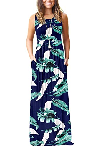 AUSELILY Damen Sommer Ärmelloses, lockeres Maxikleid Lässiges, langes Kleid mit Taschen(M,Blau Drucken) von AUSELILY