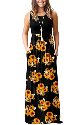 AUSELILY Damen Sommer Ärmelloses, lockeres Maxikleid Lässiges, langes Kleid mit Taschen(M,Schwarze Sonnenblumen) von AUSELILY