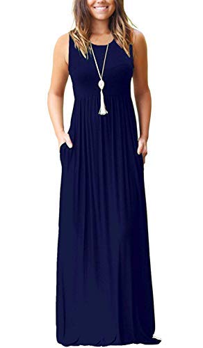 AUSELILY Damen Sommer Ärmelloses, lockeres Maxikleid Lässiges, langes Kleid mit Taschen(L,Navy Blau) von AUSELILY