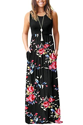 AUSELILY Damen Sommer Ärmelloses, lockeres Maxikleid Lässiges, langes Kleid mit Taschen(M,Rose Schwarz) von AUSELILY