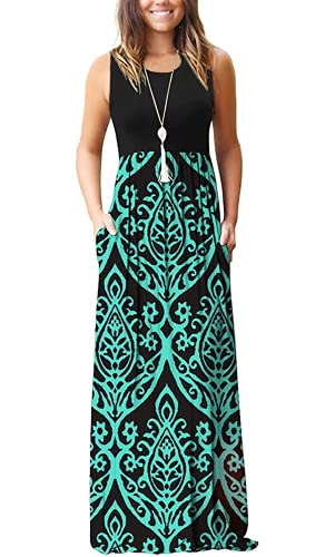 AUSELILY Damen Sommer Ärmelloses, lockeres Maxikleid Lässiges, langes Kleid mit Taschen(S,Schwarz Grün) von AUSELILY