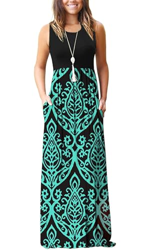 AUSELILY Damen Sommer Ärmelloses Lockeres Maxikleid Lässiges Langes Kleid mit Taschen Schwarz Grün XL von AUSELILY