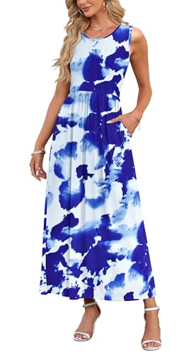 AUSELILY Damen Sommer Ärmelloses Lockeres Maxikleid Lässiges Langes Kleid mit Taschen Blaue Weiße Blüten XL von AUSELILY