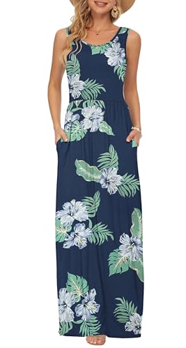 AUSELILY Damen Sommer Ärmelloses, lockeres Maxikleid Lässiges, langes Kleid mit Taschen Grüne Blattblüte XL von AUSELILY