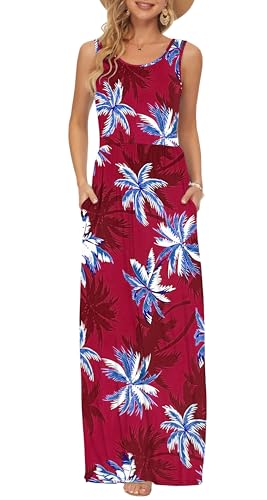 AUSELILY Damen Sommer Ärmelloses, lockeres Maxikleid Lässiges, langes Kleid mit Taschen Roter Kokosbaum M von AUSELILY