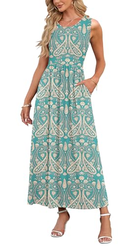 AUSELILY Damen Sommer Ärmelloses Lockeres Maxikleid Lässiges Langes Kleid mit Taschen Boho Floral Grün XL von AUSELILY