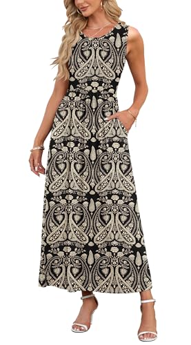 AUSELILY Damen Sommer Ärmelloses Lockeres Maxikleid Lässiges Langes Kleid mit Taschen Boho Floral Schwarz XXL von AUSELILY