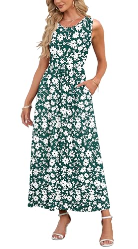 AUSELILY Damen Sommer Ärmelloses Lockeres Maxikleid Lässiges Langes Kleid mit Taschen Grünes Gänseblümchen XXL von AUSELILY