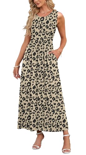 AUSELILY Damen Sommer Ärmelloses Lockeres Maxikleid Lässiges Langes Kleid mit Taschen Leopard S von AUSELILY