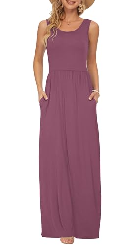 AUSELILY Damen Sommer Ärmelloses Lockeres Maxikleid Lässiges Langes Kleid mit Taschen Mauve M von AUSELILY