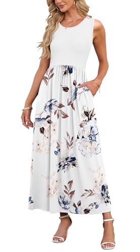 AUSELILY Damen Sommer Ärmelloses Lockeres Maxikleid Lässiges Langes Kleid mit Taschen Weiße Blumen Weiß XL von AUSELILY