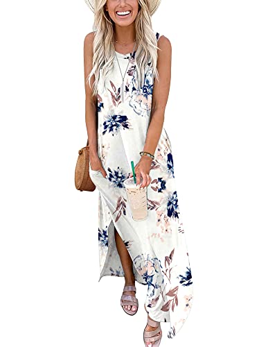 AUSELILY Damen Sommer Blumen Maxikleid Ärmellos Strandkleider Lose Lang Rundhals Hemdkleid mit Schlitz Blumen Weiß 2XL von AUSELILY