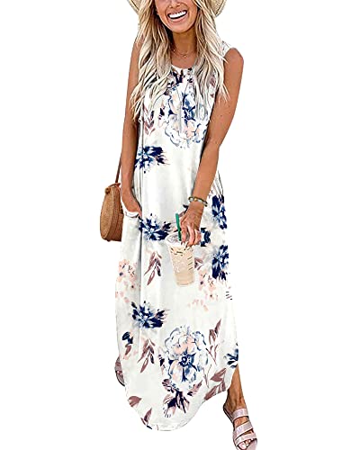 AUSELILY Damen Sommer Blumen Maxikleid Ärmellos Strandkleider Lose Lang Rundhals Hemdkleid mit Schlitz Blumen Weiß M von AUSELILY