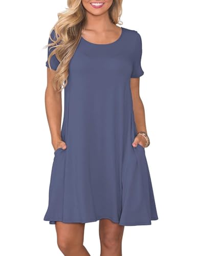 AUSELILY Damen Kleider Sommer Kurzarm Shirtkleider Kurz Sommerkleider Leicht Freizeitkleid mit Taschen Lila Grau M von AUSELILY