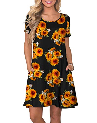 AUSELILY Damen Kleider Sommer Kurzarm Shirtkleider Kurz Sommerkleider Leicht Freizeitkleid mit Taschen Sonnenblume L von AUSELILY