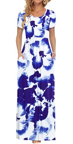 AUSELILY Damen Kurzarm Sommer Casual Long Maxi Kleider mit Taschen Blaue Weiße Blüten L von AUSELILY