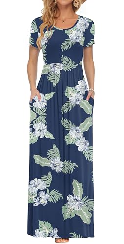 AUSELILY Damen Sommer Kurzarm Loose Casual Long Maxi Kleider mit Taschen Grüne Blattblüte M von AUSELILY