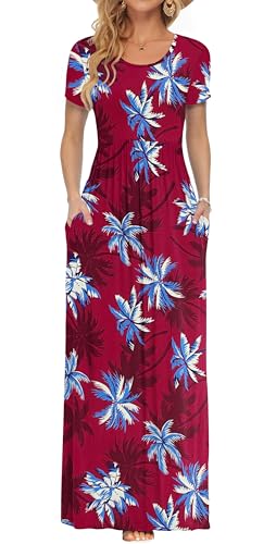 AUSELILY Damen Sommer Kurzarm Loose Casual Long Maxi Kleider mit Taschen Roter Kokosbaum L von AUSELILY