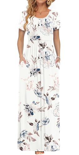 AUSELILY Damen Kurzarm Sommer Casual Long Maxi Kleider mit Taschen Weiße Blumen L von AUSELILY