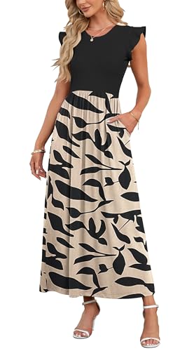 AUSELILY Damen Sommer Kurzarm Rundhalsausschnitt Lockeres Maxikleid Lässiges Hohe Taille Langes Kleid mit Taschen(Aprikosenschwarz Blätter,M) von AUSELILY