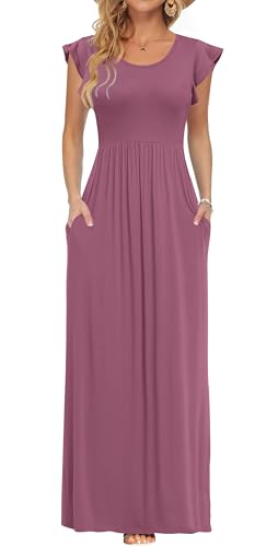 AUSELILY Damen Sommer Kurzarm Rundhalsausschnitt Lockeres Maxikleid Lässiges Hohe Taille Langes Kleid mit Taschen (Mauve,M) von AUSELILY