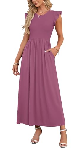 AUSELILY Damen Sommer Kurzarm Rundhalsausschnitt Maxikleid Lässiges Langes Kleid mit TaschenKleid Hochzeitsgast(Mauve,S) von AUSELILY