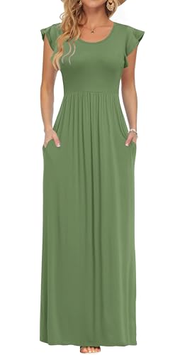 AUSELILY Damen Sommer Kurzarm Rundhalsausschnitt Maxikleid Lässiges Langes Kleid mit TaschenKleid Hochzeitsgast(Olivgrün,S) von AUSELILY