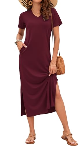 AUSELILY Damen Sommer Kurzarmkleid Leichten - Damen Maxi Schlitz Elegant Kleider Weinrot XL von AUSELILY