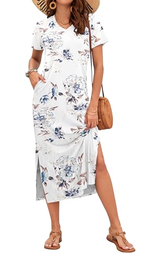 AUSELILY Damen Sommer Kurzarmkleid Leichten - Damen Maxi Schlitz Elegant Kleider Weiß Geblümt M von AUSELILY