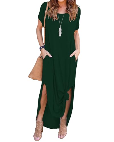 AUSELILY Damen Sommer Lang Kleid Kurzarm Maxikleid mit Schlitz Rundhals Freizeitkleid Shirtkleid Strandkleid mit Taschen Dunkel Grün S von AUSELILY