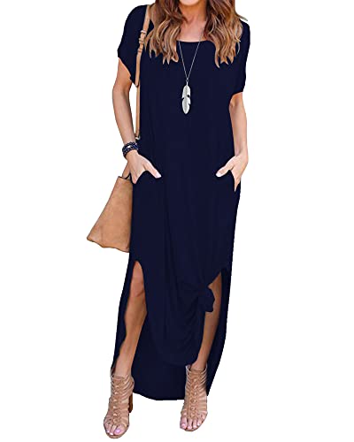 AUSELILY Damen Sommer Lang Kleid Kurzarm Maxikleid mit Schlitz Rundhals Freizeitkleid Shirtkleid Strandkleid mit Taschen Königsblau L von AUSELILY