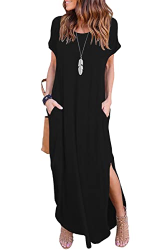 AUSELILY Damen Sommer Lang Kleid Kurzarm Maxikleid mit Schlitz Rundhals Freizeitkleid Shirtkleid Strandkleid mit Taschen Schwarz L von AUSELILY