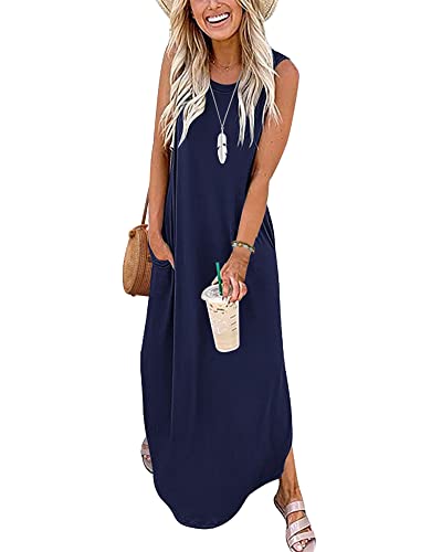 AUSELILY Damen Sommer Maxi Strandkleider Ärmellos Vertuschung Rundhals Tank T-Shirt Kleider Lang mit Taschen Marineblau M von AUSELILY