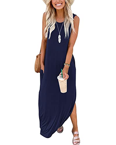 AUSELILY Damen Sommer Maxi Strandkleider Ärmellos Vertuschung Rundhals Tank T-Shirt Kleider Lang mit Taschen Marineblau S von AUSELILY