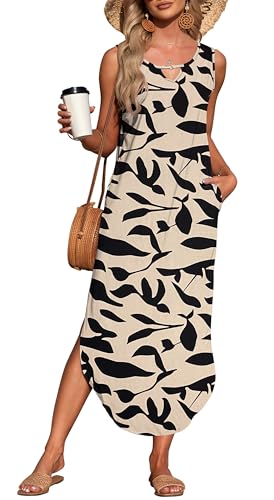 AUSELILY Damen Sommer Maxikleid Ärmellos Freizeit Locker Strandkleid mit Taschen Aprikose Schwarzes Blatt M von AUSELILY