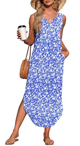 AUSELILY Damen Sommer Maxikleid Ärmellos Freizeit Locker Strandkleid mit Taschen Blaue Blumen XL von AUSELILY