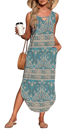 AUSELILY Damen Sommer Maxikleid Ärmellos Freizeit Locker Strandkleid mit Taschen Boho Blumengrün M von AUSELILY
