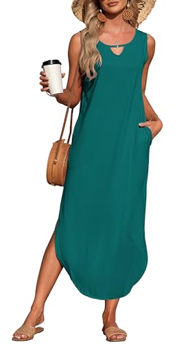 AUSELILY Damen Sommer Maxikleid Ärmellos Freizeit Locker Strandkleid mit Taschen Dunkelgrün M von AUSELILY