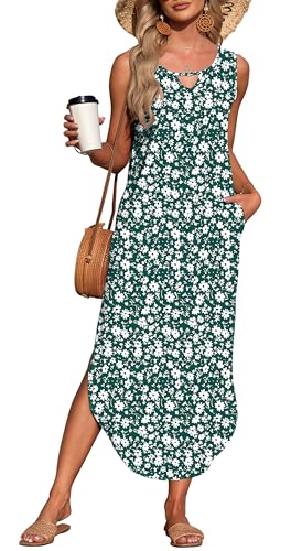 AUSELILY Damen Sommer Maxikleid Ärmellos Freizeit Locker Strandkleid mit Taschen Grüne Blumen XL von AUSELILY
