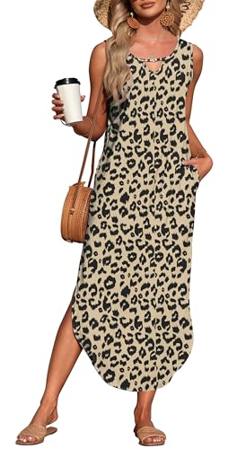 AUSELILY Damen Sommer Maxikleid Ärmellos Freizeit Locker Strandkleid mit Taschen Leopard 2XL von AUSELILY