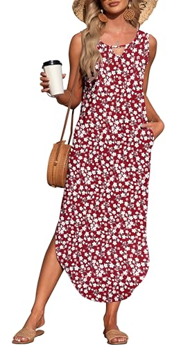 AUSELILY Damen Sommer Maxikleid Ärmellos Freizeit Locker Strandkleid mit Taschen Rote Blumen 2XL von AUSELILY