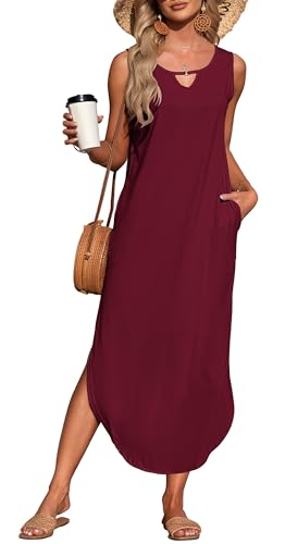 AUSELILY Damen Sommer Maxikleid Ärmellos Freizeit Locker Strandkleid mit Taschen Weinrot M von AUSELILY