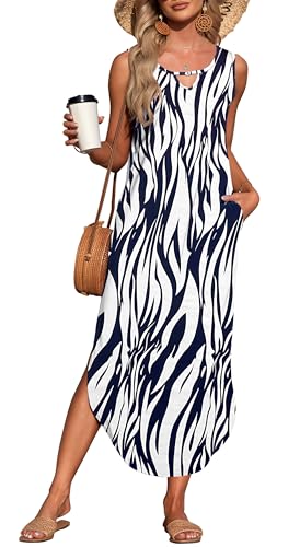 AUSELILY Damen Sommer Maxikleid Ärmellos Freizeit Locker Strandkleid mit Taschen Weiße Blaue Blätter XL von AUSELILY