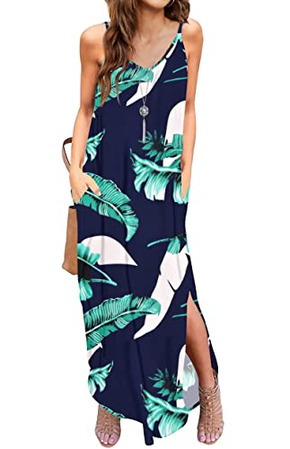 AUSELILY Damen Sommer Maxikleid Casual Ärmelloses V-Ausschnitt Sommerkleid Lange Blumen Strandkleid Cami Freizeitkleid Split Kleid Maxi mit Taschen Blau Drucken XL von AUSELILY