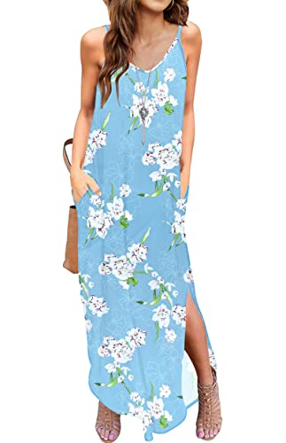 AUSELILY Damen Sommer Maxikleid Casual Ärmelloses V-Ausschnitt Sommerkleid Lange Blumen Strandkleid Cami Freizeitkleid Split Kleid Maxi mit Taschen Blumen Hellblau M von AUSELILY