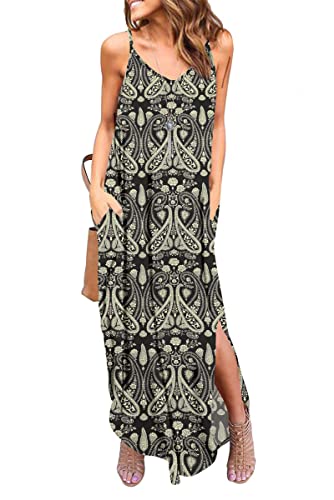 AUSELILY Sommerkleid Damen Lang V-Ausschnitt Maxkleid Damen Sommer Blumen Strandkleid Lang Cami Freizeitkleid Split Kleid Maxi mit Taschen Boho Schwarz Blume L von AUSELILY