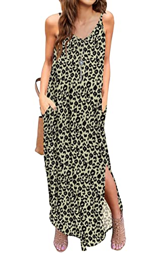 AUSELILY Leoparden Kleid Lang Damen Sommer Maxikleid Ärmelloses Sommerkleid Spaghettiträger Kleid Maxi Strandkleid Cami Freizeitkleid mit Schlitz L von AUSELILY