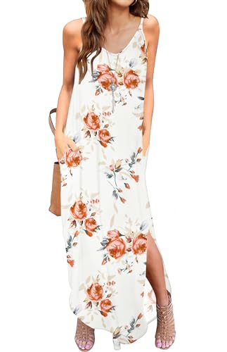 AUSELILY Damen Sommer Maxikleid Casual Ärmelloses V-Ausschnitt Sommerkleid Lange Blumen Strandkleid Cami Freizeitkleid Split Kleid Maxi mit Taschen Rose Weiß L von AUSELILY